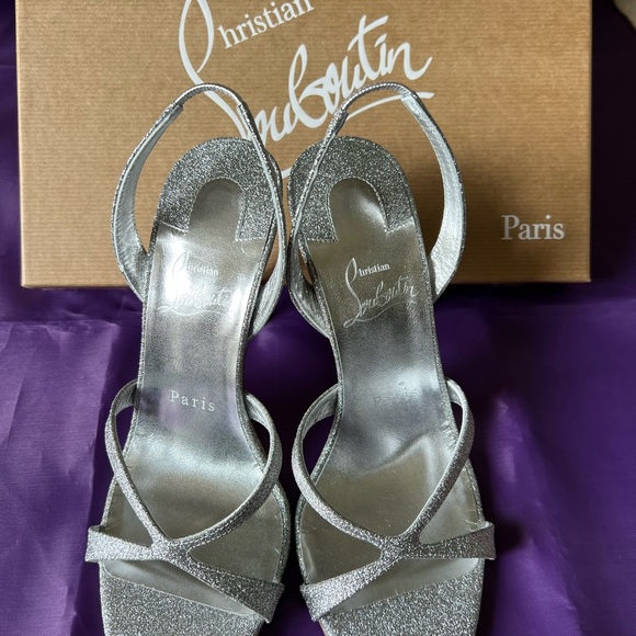 Christian Louboutin Emilie 100 Slingback Sandals Heels Shoes Silver Glitter 36.5 - Picture 10 of 16